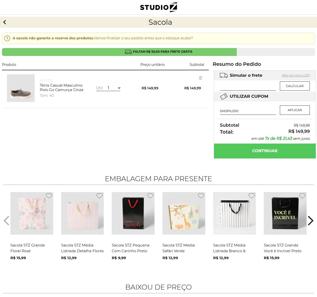 Onde inserir o código de desconto no site da Studio Z