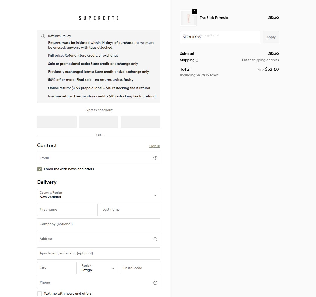 Where to enter the discount code on the Superette website