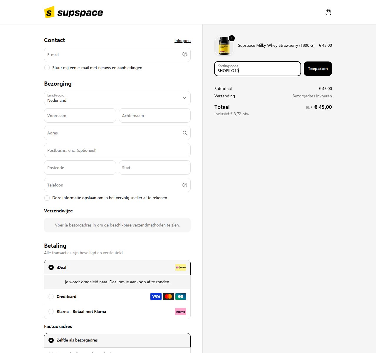 Waar je de kortingscode invoert op de Supspace-website