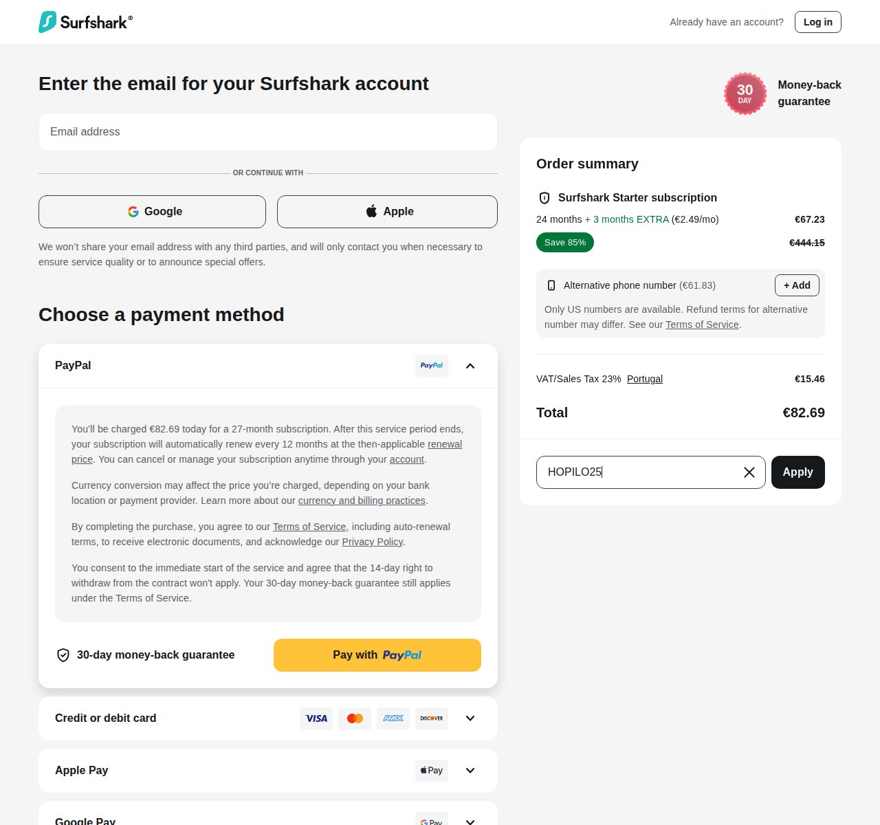 Onde inserir o código de desconto no site da Surfshark