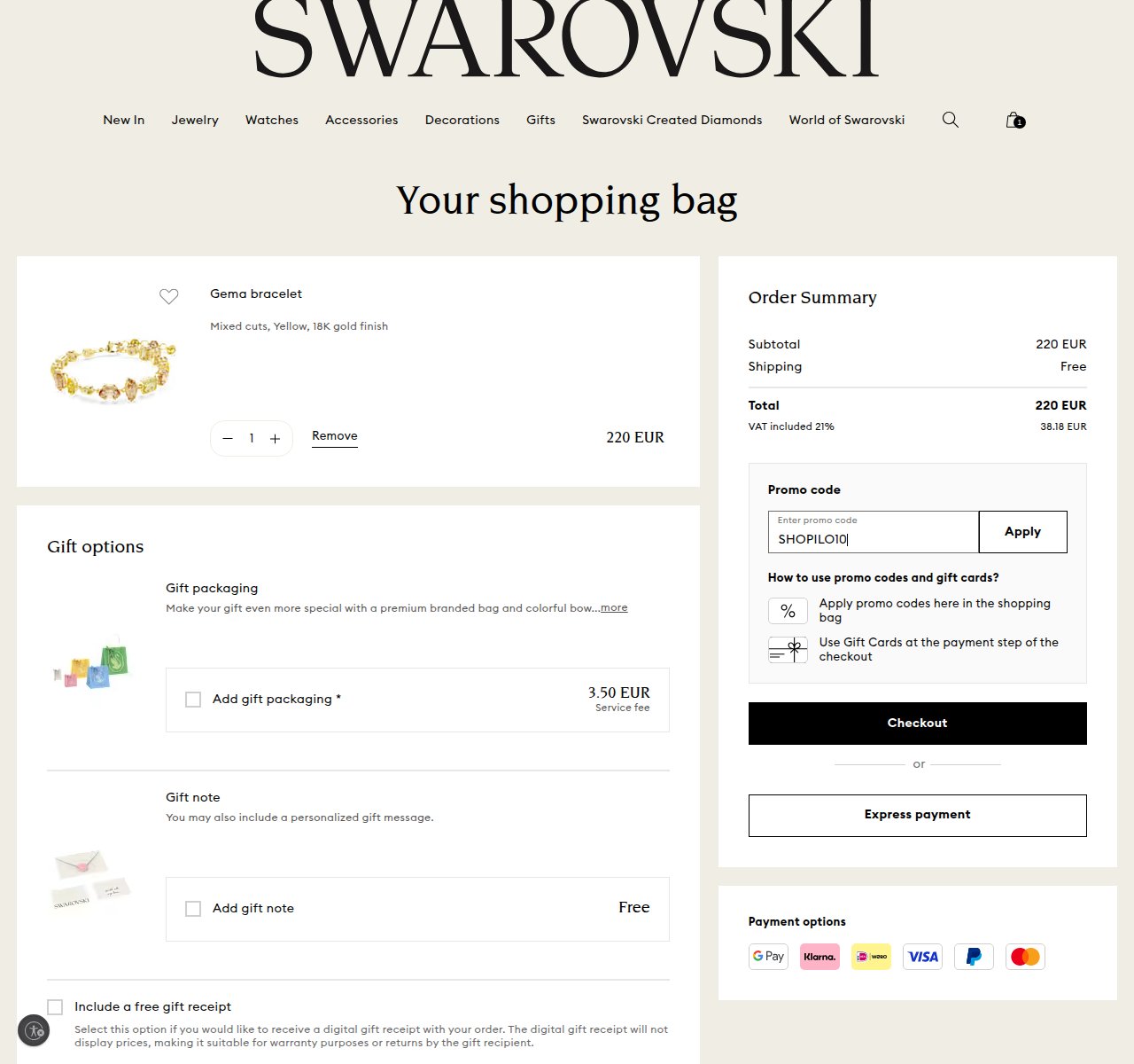 Waar je de kortingscode invoert op de Swarovski-website