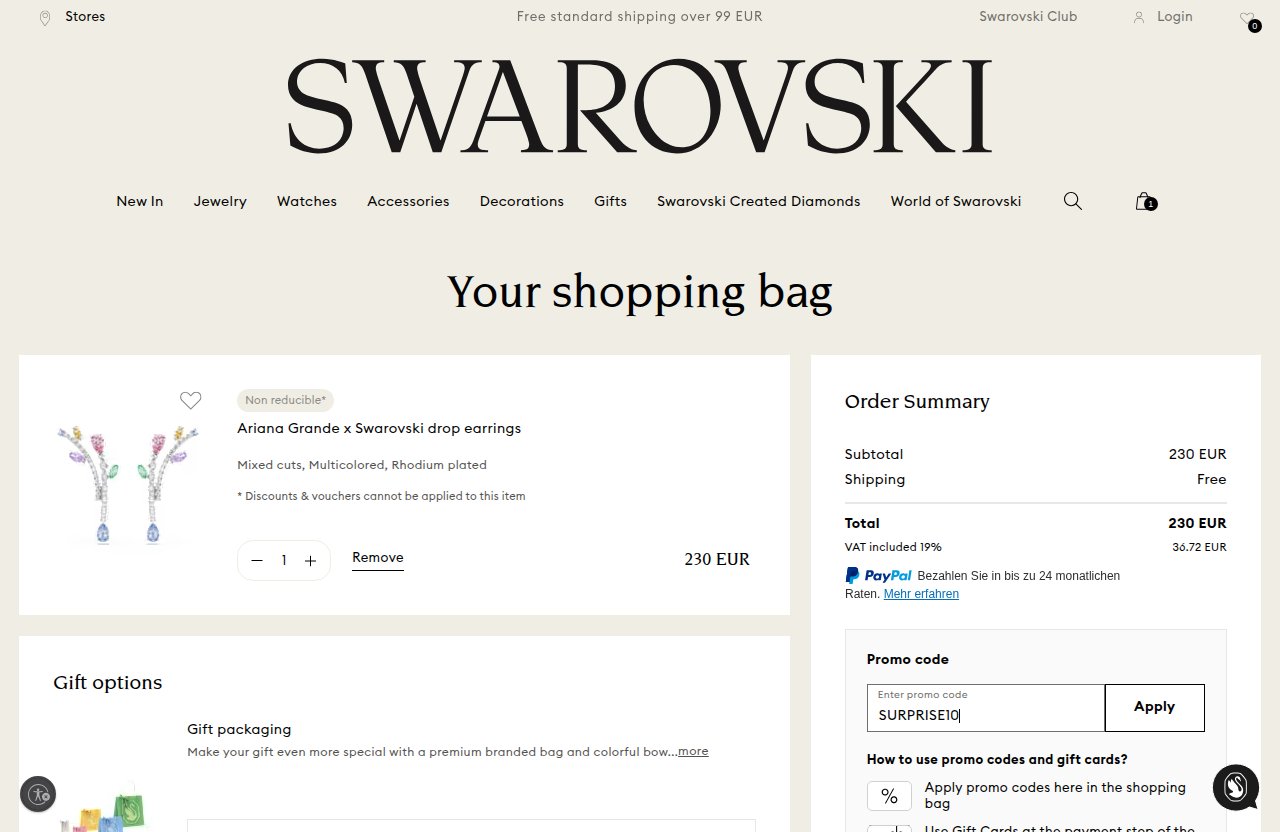 Unde introduci codul de reducere pe site-ul Swarovski