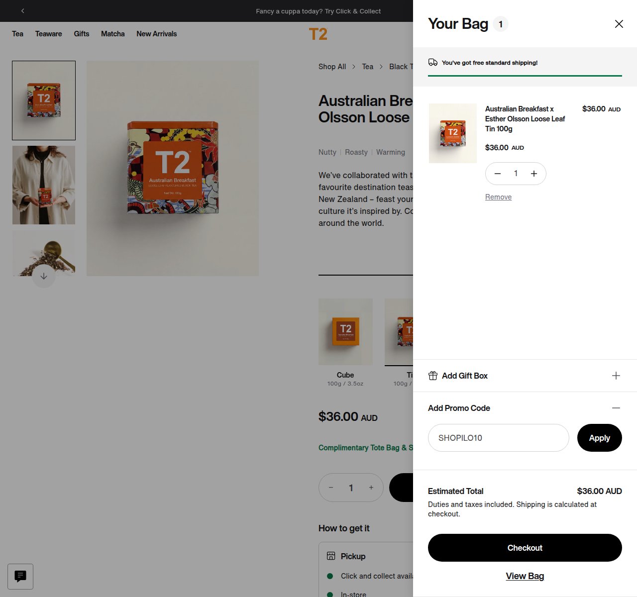 Where to enter the discount code on the T2 Tea website