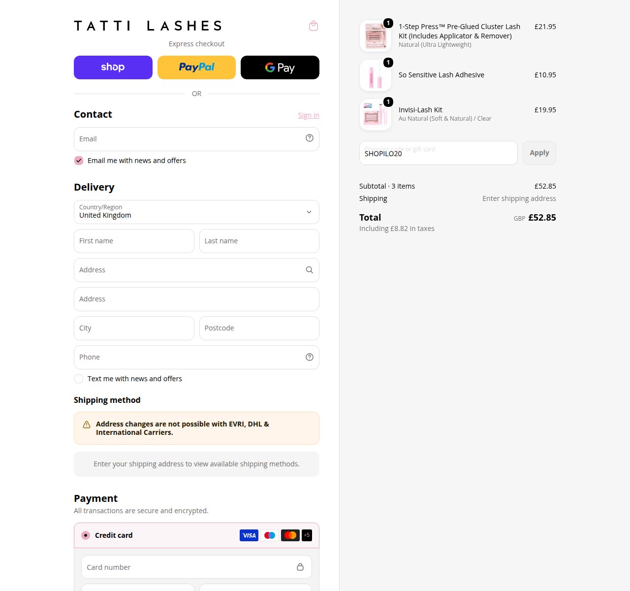 Where to enter the discount code on the Tatti Lashes website