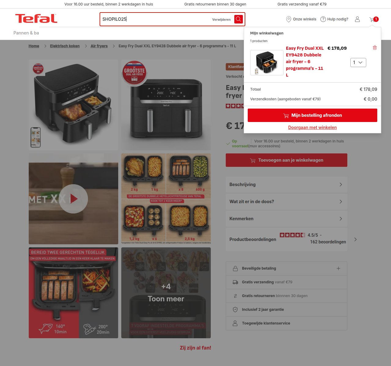 Waar je de kortingscode invoert op de Tefal-website