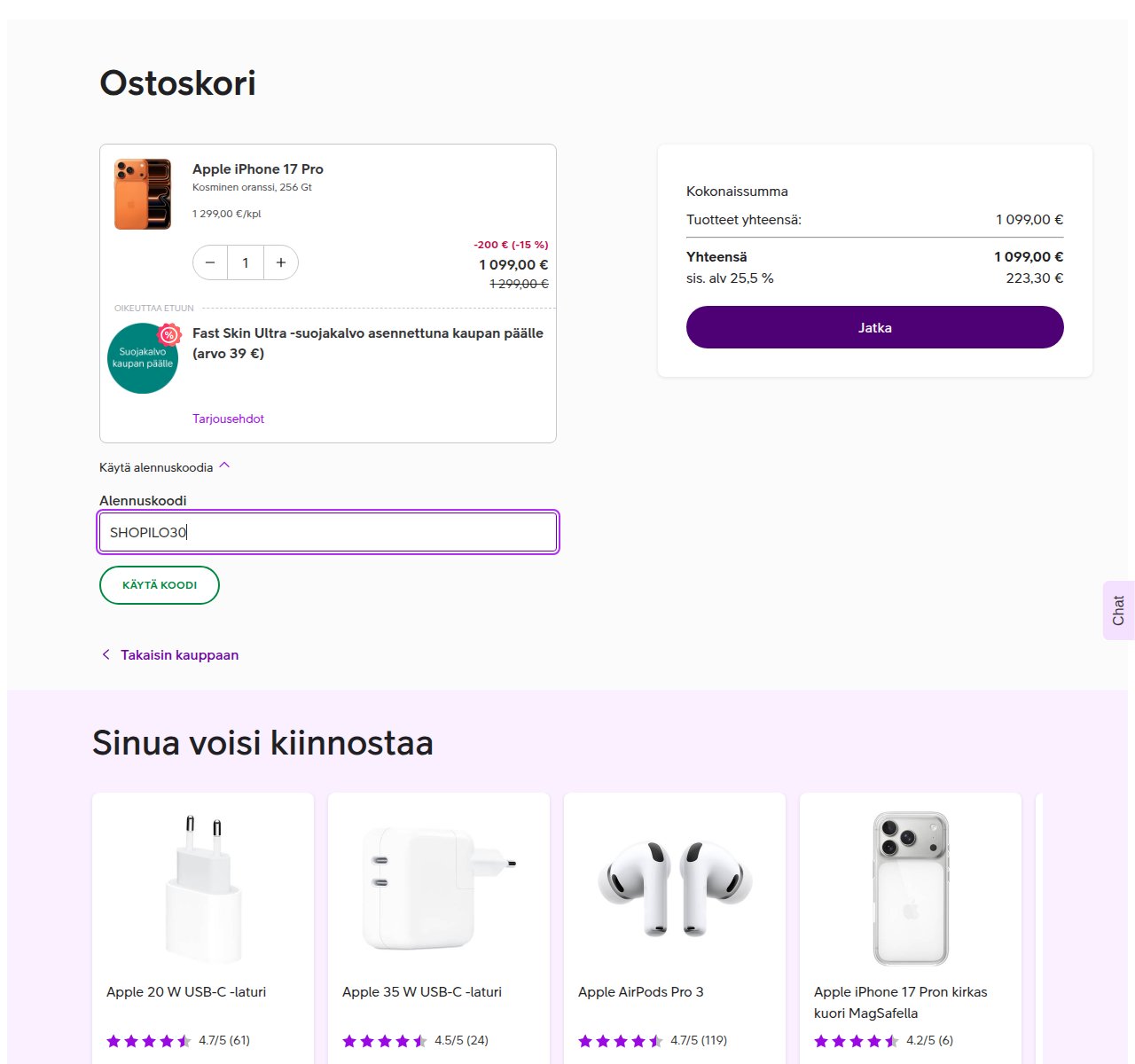 Mihin alennuskoodi syötetään Telia-sivustolla