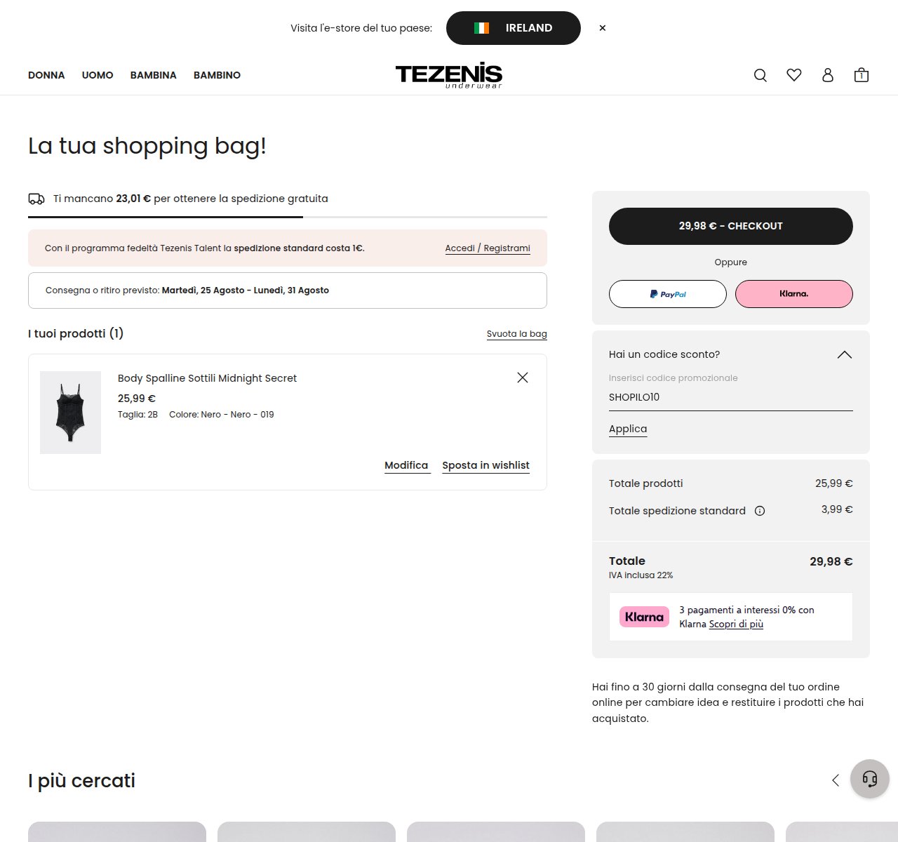 Where to enter the discount code on the Tezenis website