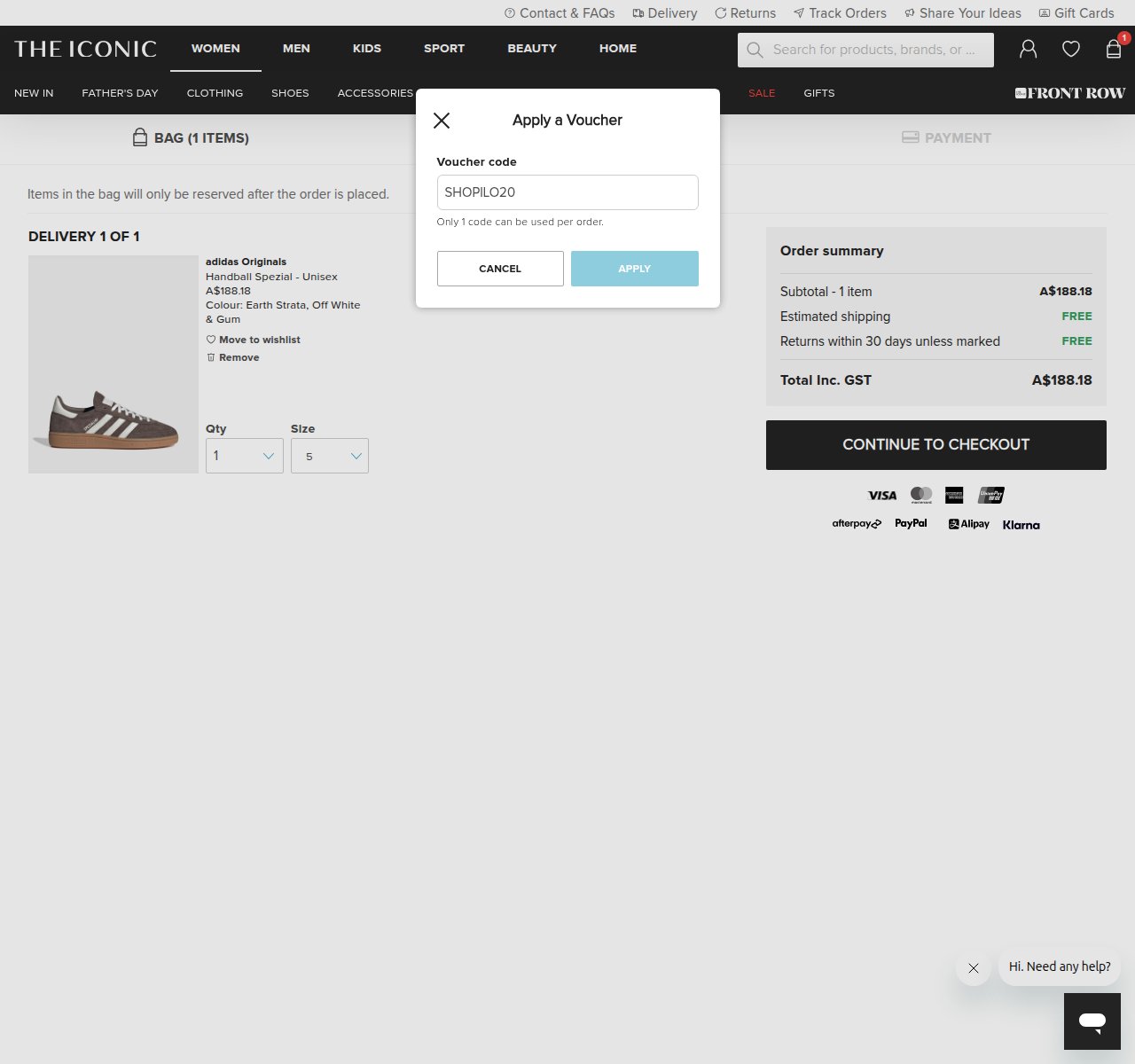 Where to enter the discount code on the The Iconic website