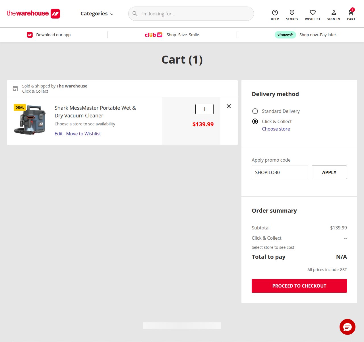Where to enter the discount code on the The Warehouse website