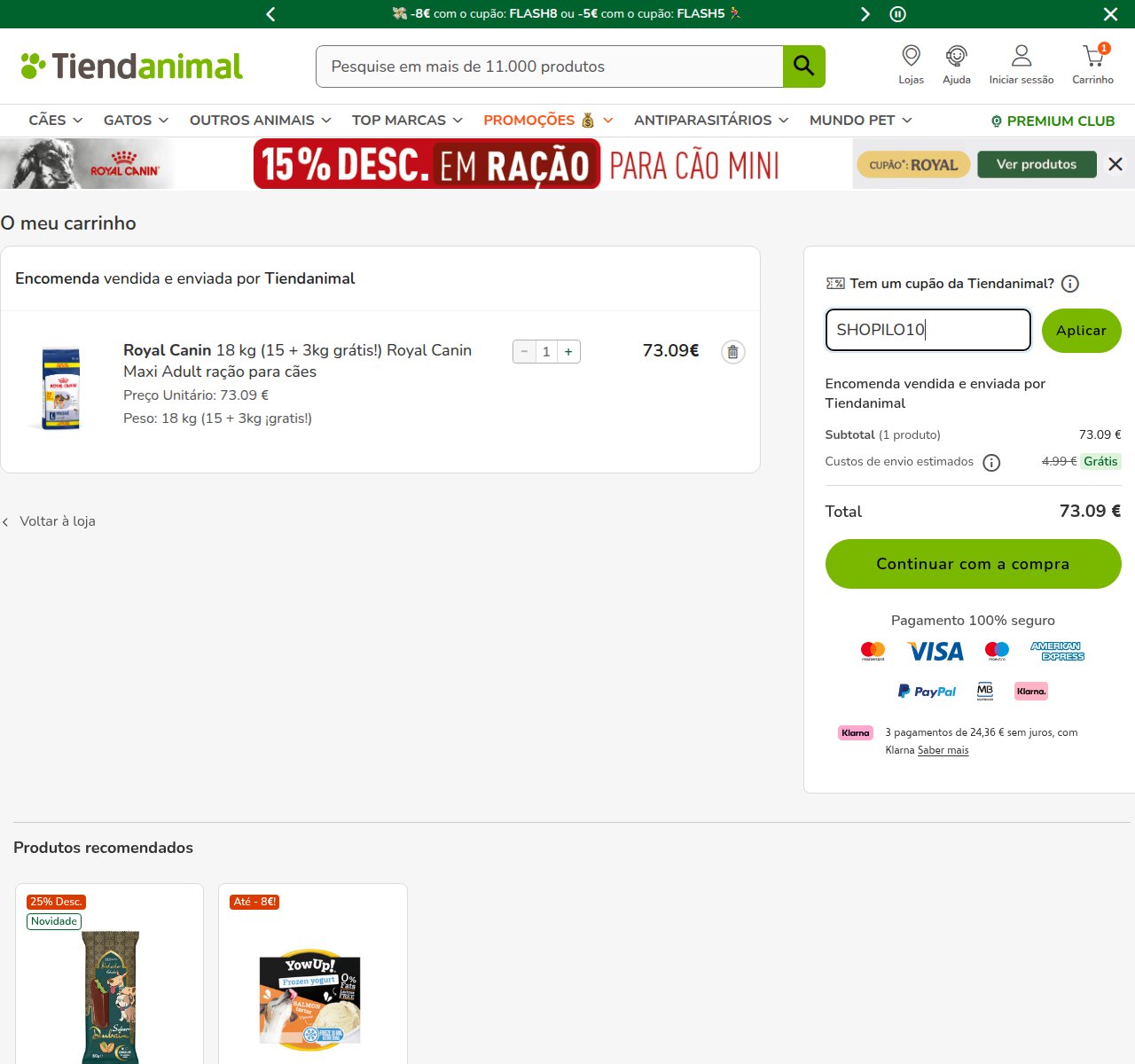 Onde inserir o código de desconto no site da Tiendanimal