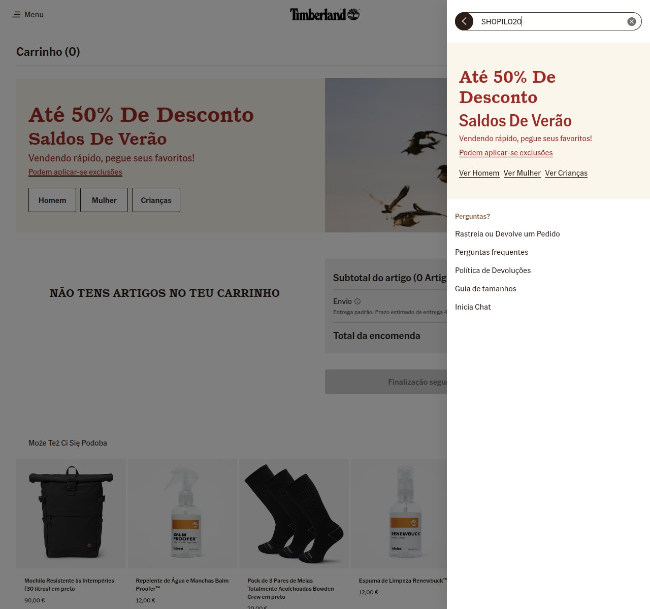 Onde inserir o código de desconto no site da Timberland