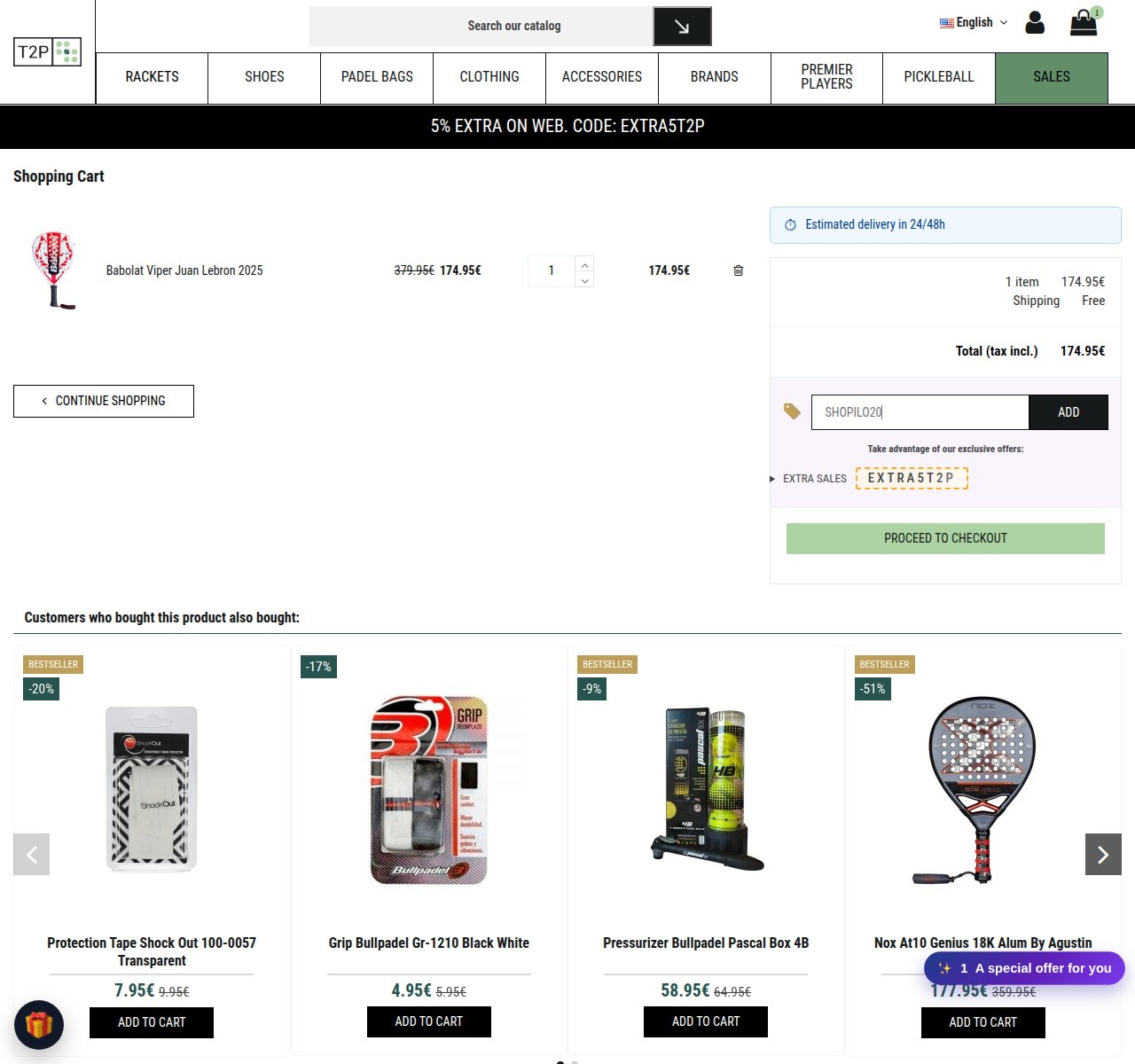 Onde inserir o código de desconto no site da Time2Padel