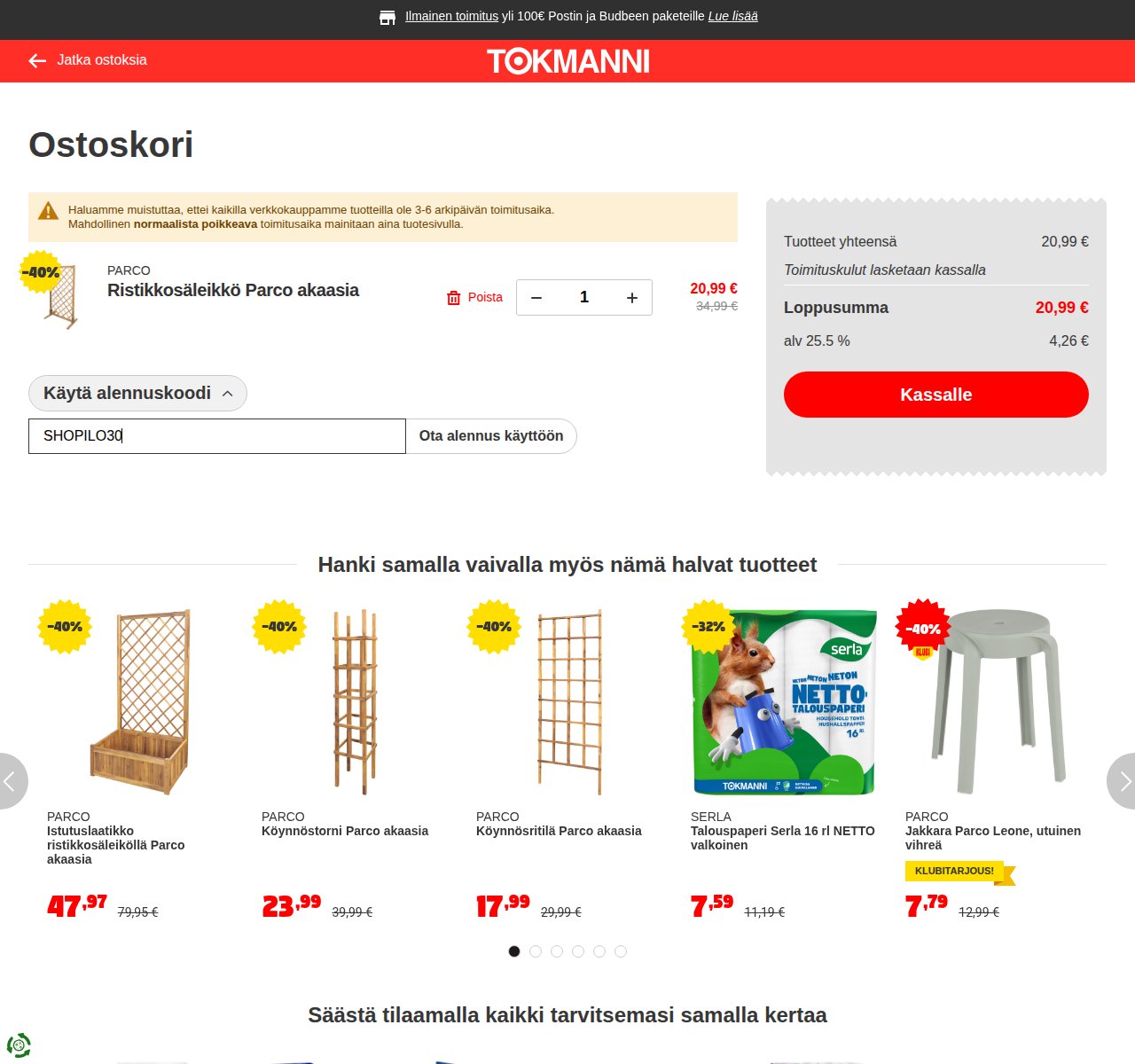 Mihin alennuskoodi syötetään Tokmanni-sivustolla