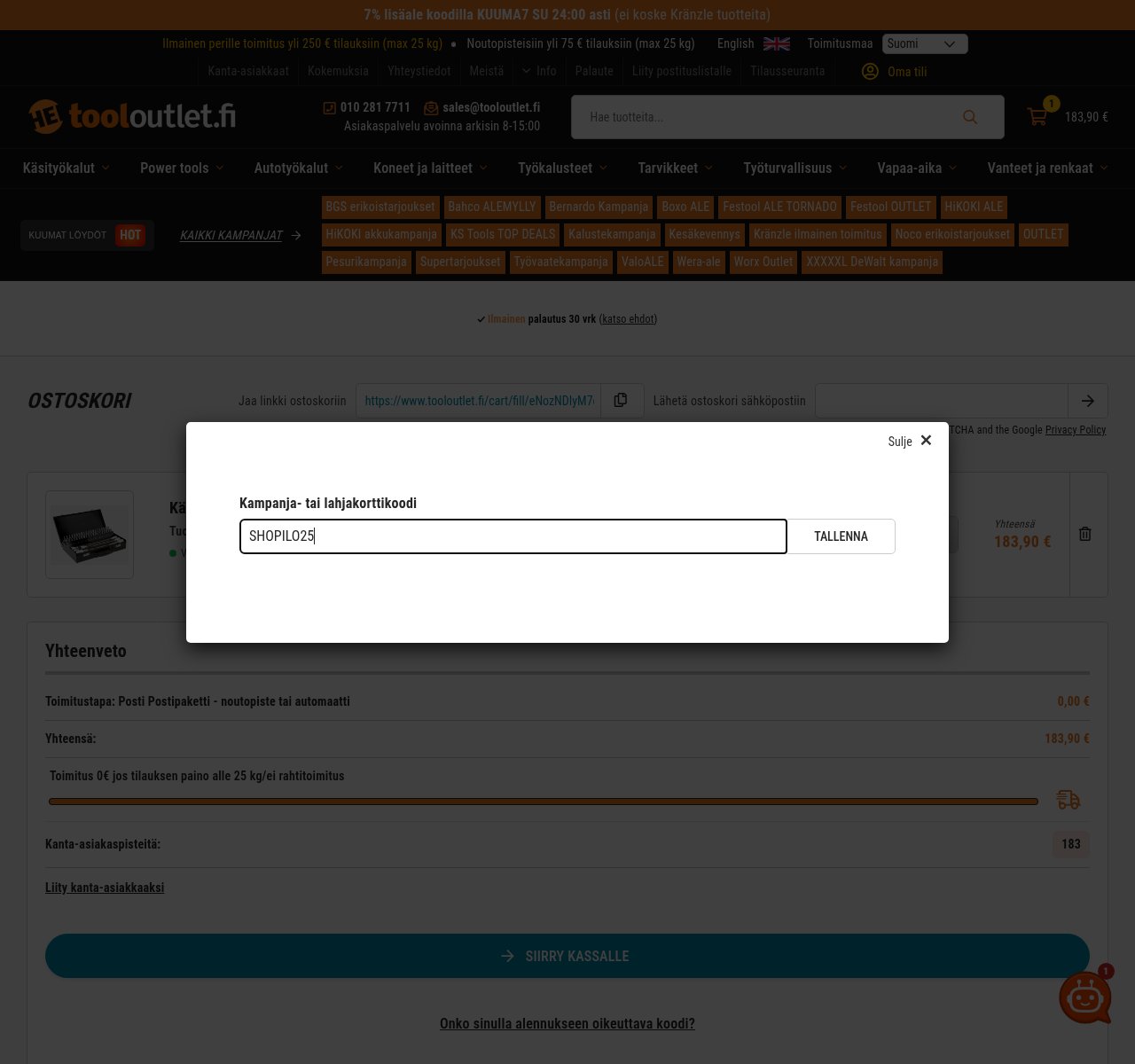 Mihin alennuskoodi syötetään Tooloutlet.fi-sivustolla