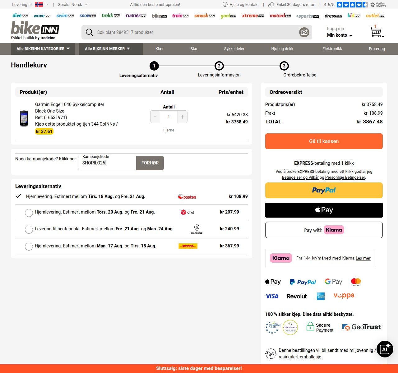Where to enter the discount code on the Tradeinn website