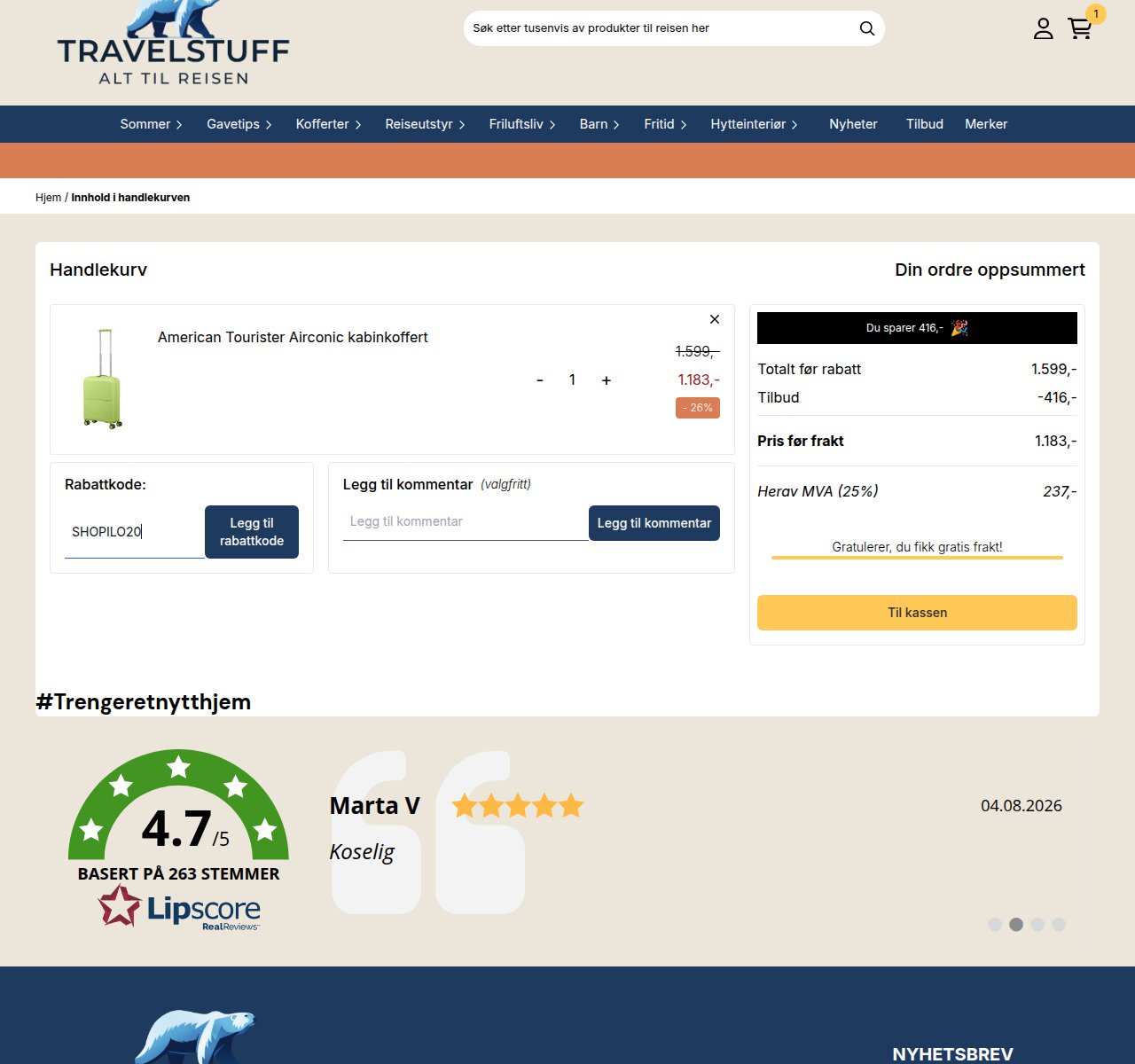 Where to enter the discount code on the Travelstuff website