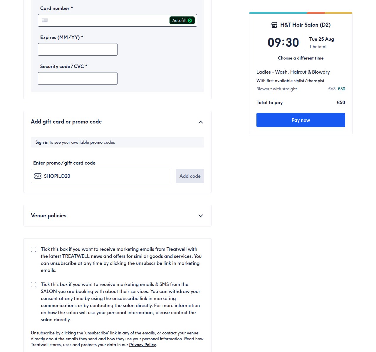 Where to enter the discount code on the Treatwell website