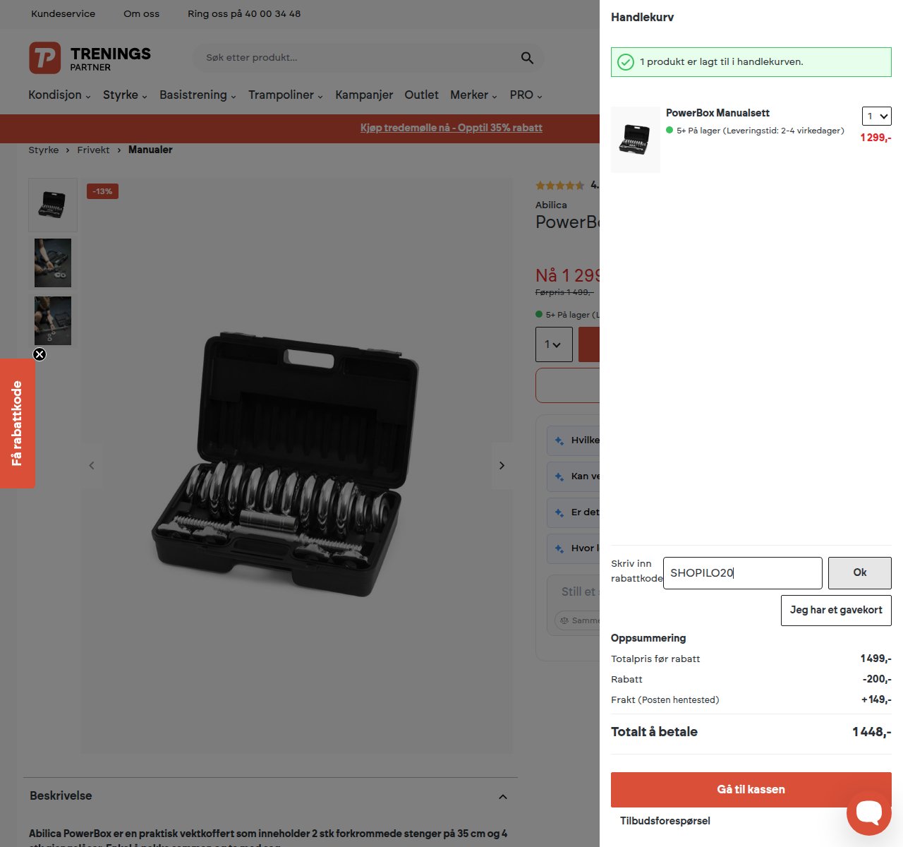 Where to enter the discount code on the Treningspartner website