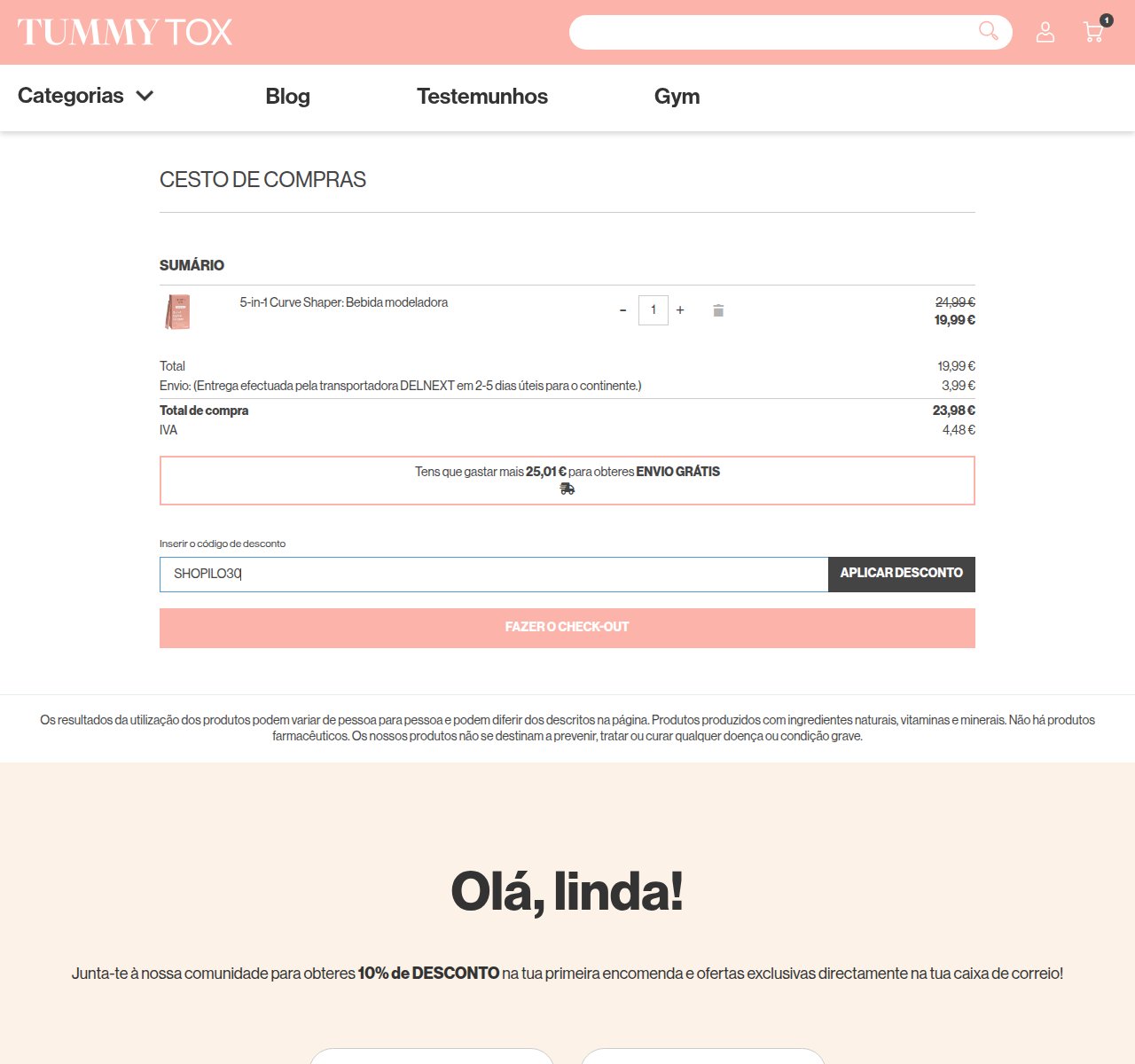 Onde inserir o código de desconto no site da TummyTox