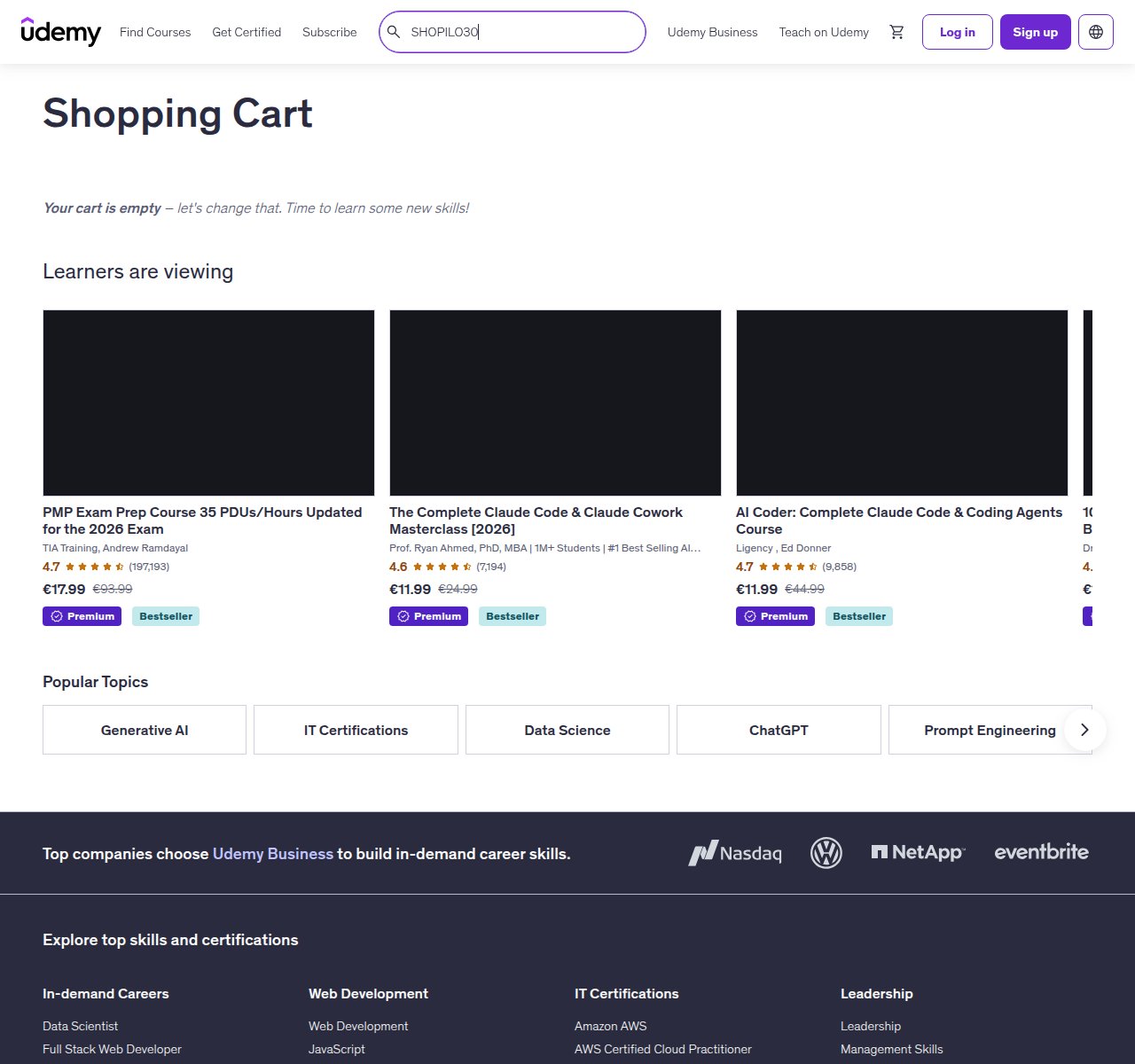 Onde inserir o código de desconto no site da Udemy