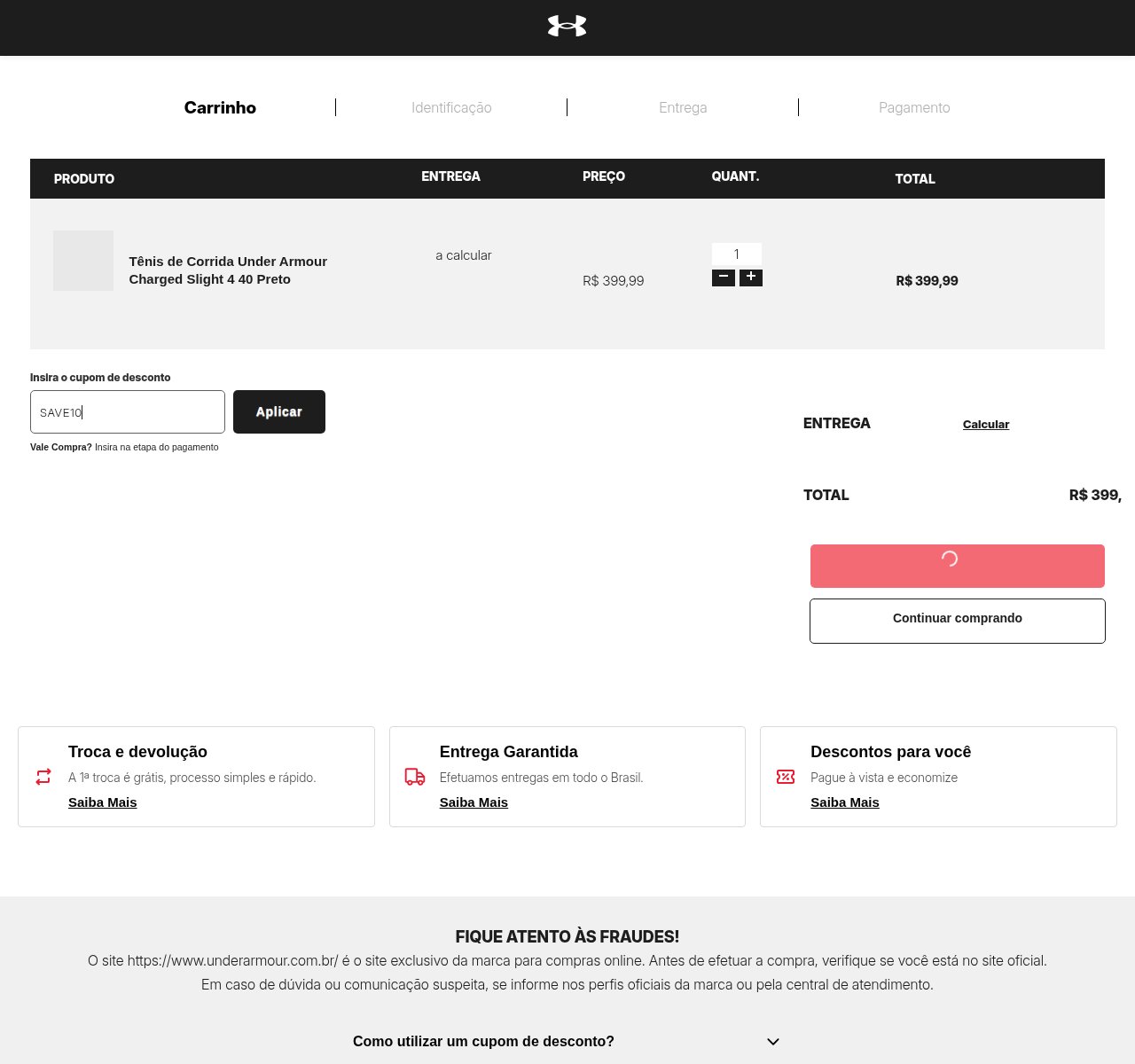 Onde inserir o código de desconto no site da Under Armour