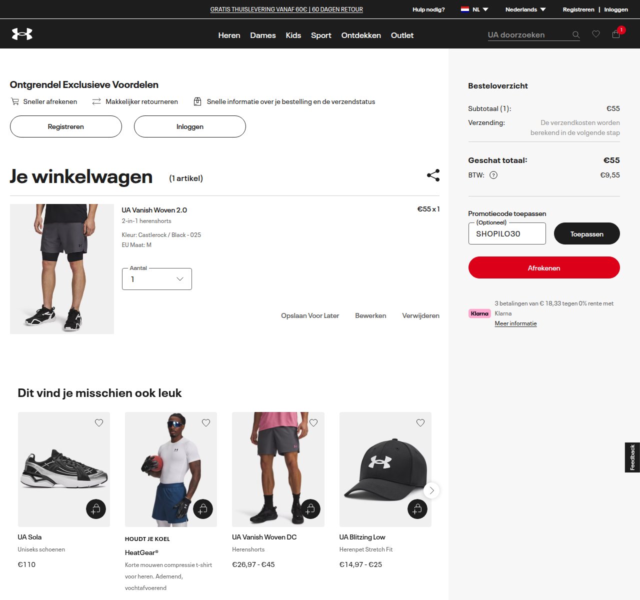 Waar je de kortingscode invoert op de Under Armour-website