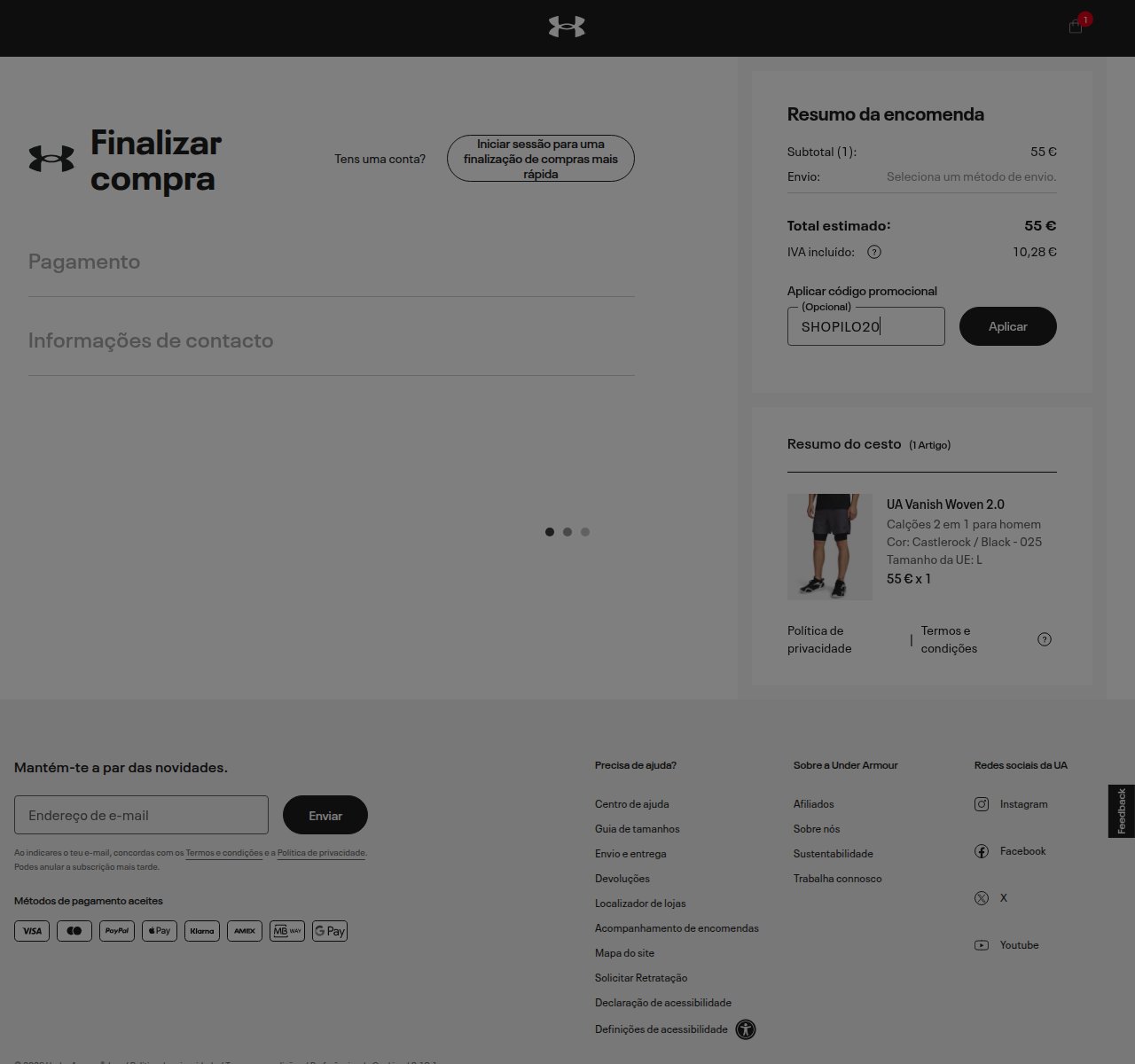 Onde inserir o código de desconto no site da Under Armour