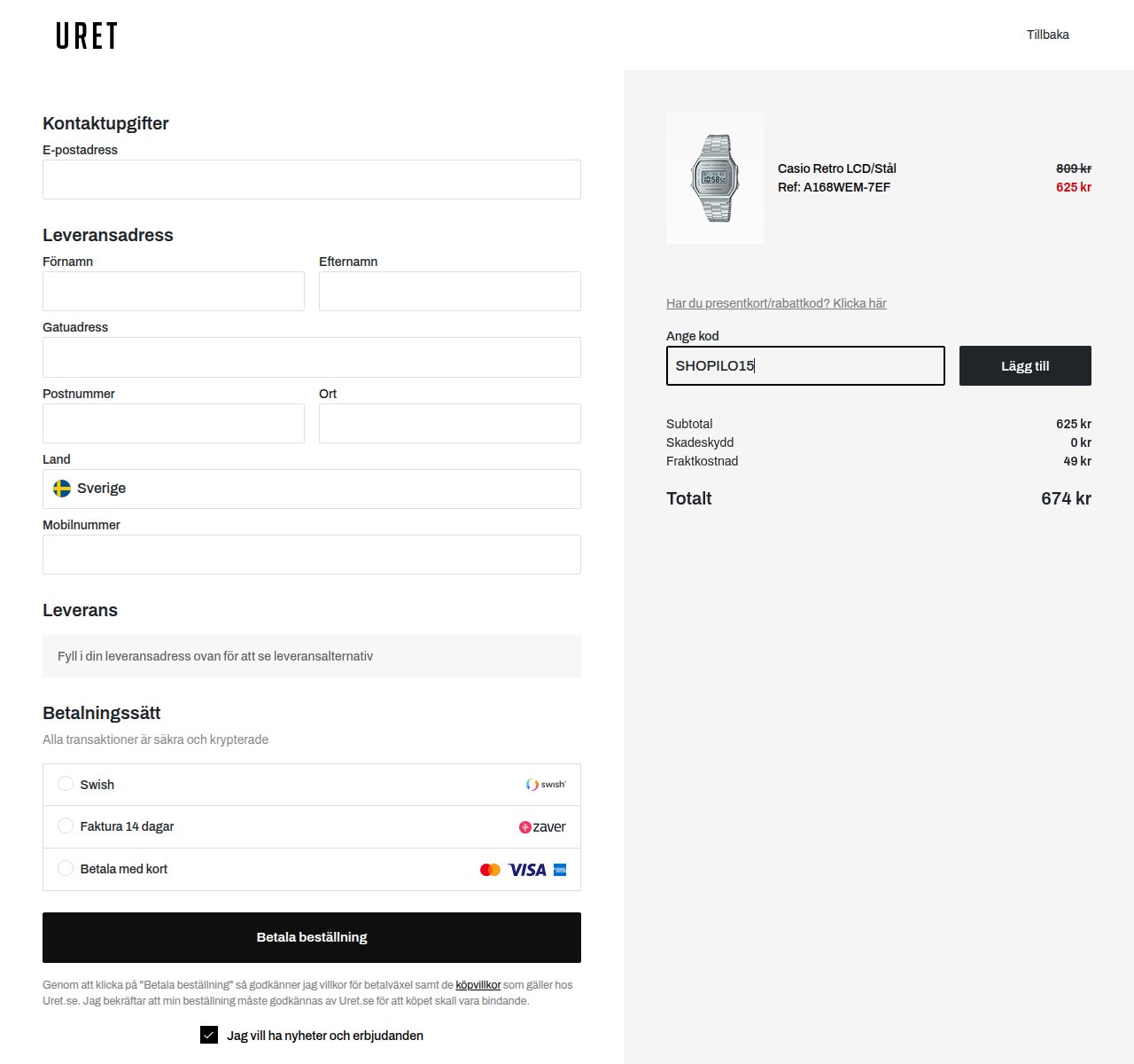 Var du anger rabattkoden på Urets webbplats