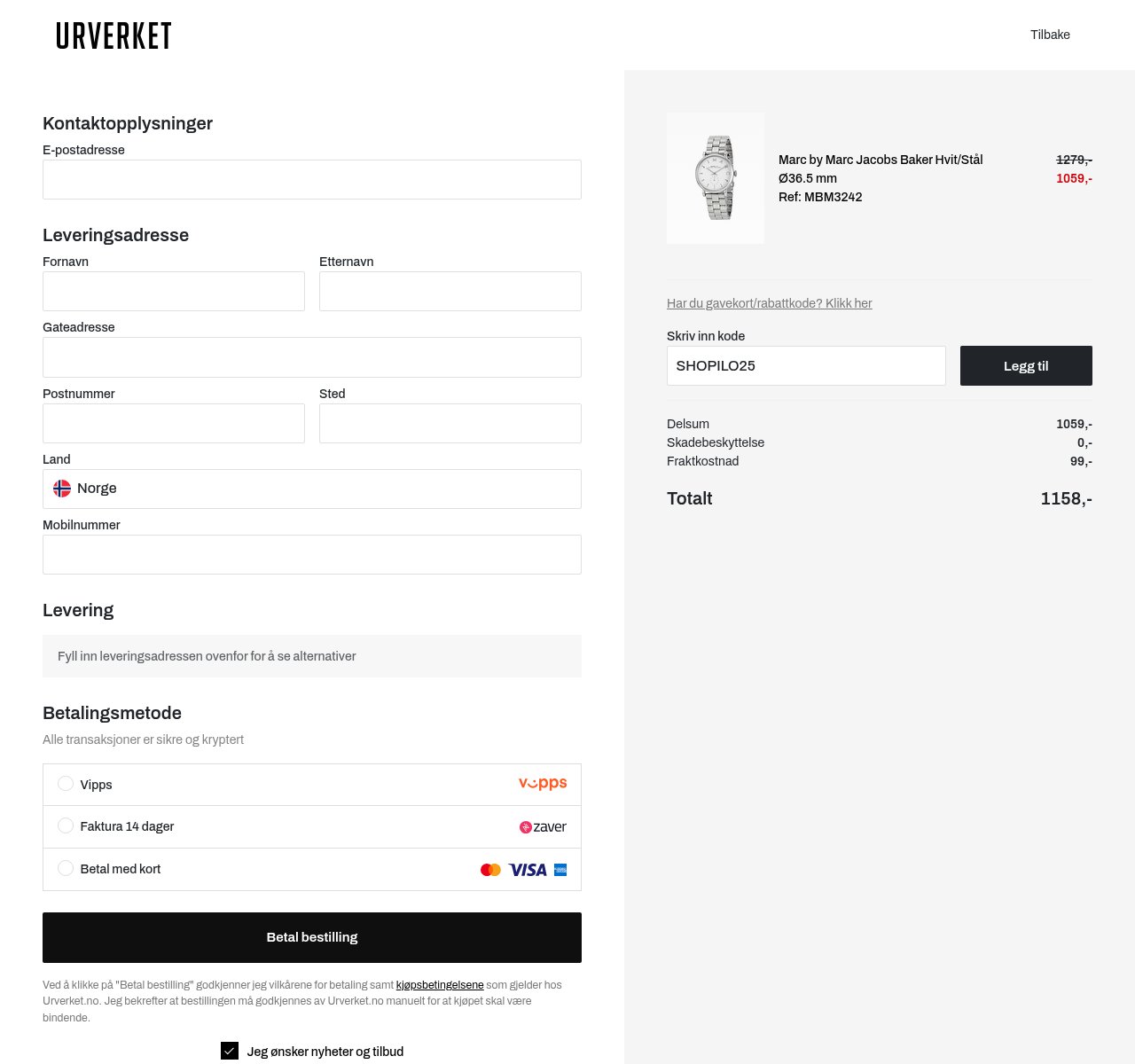 Where to enter the discount code on the Urverket website