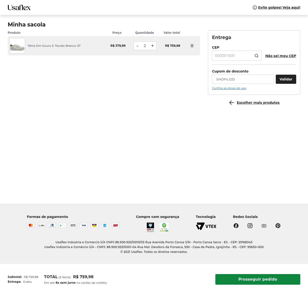 Onde inserir o código de desconto no site da Usaflex