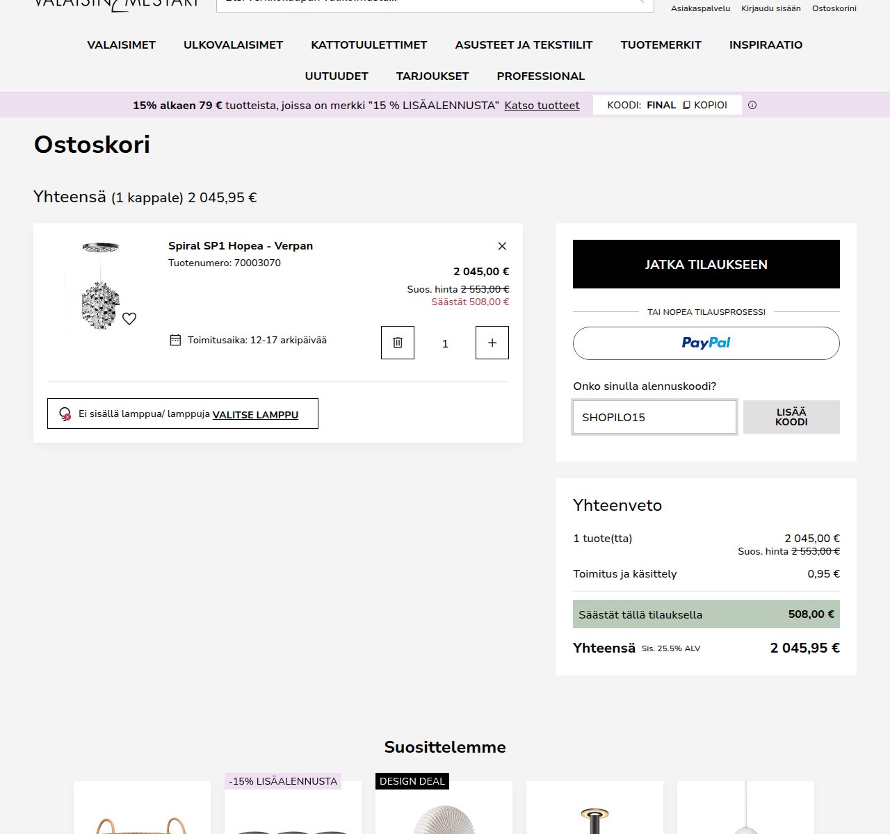 Mihin alennuskoodi syötetään Valaisinmestari-sivustolla