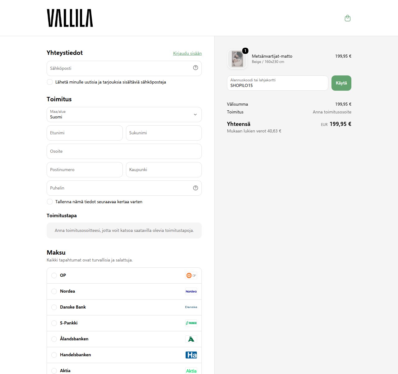 Mihin alennuskoodi syötetään Vallila-sivustolla