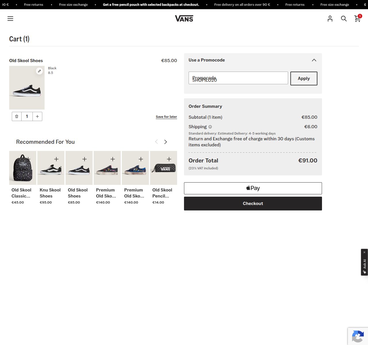 Where to enter the discount code on the Vans website