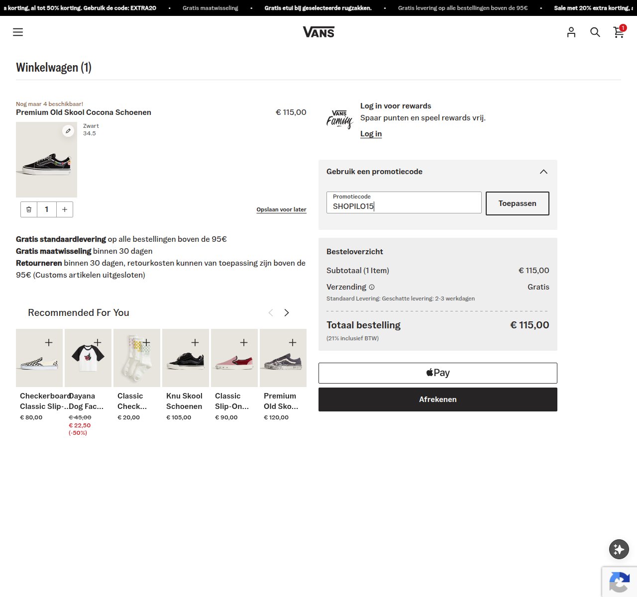 Waar je de kortingscode invoert op de Vans-website