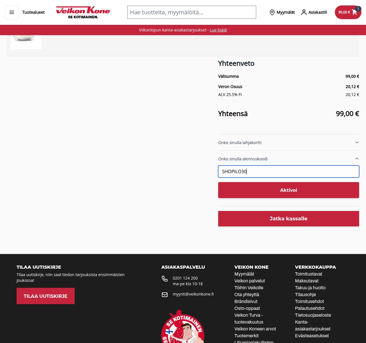 Mihin alennuskoodi syötetään Veikon Kone-sivustolla