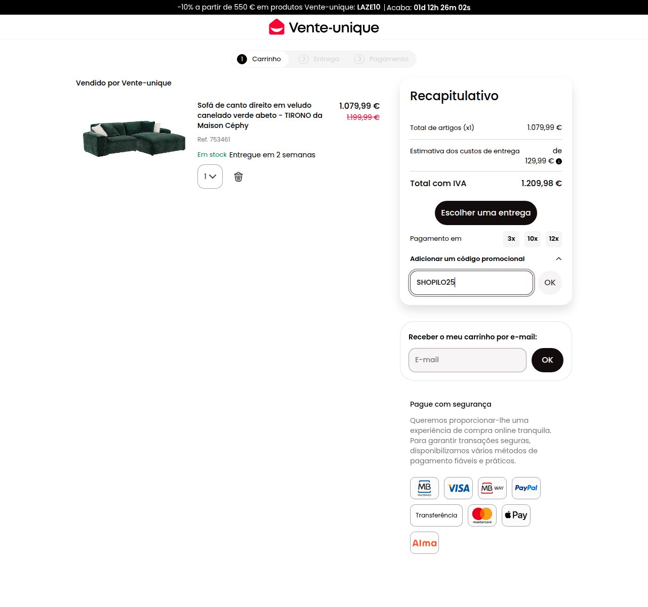 Onde inserir o código de desconto no site da Vente-Unique