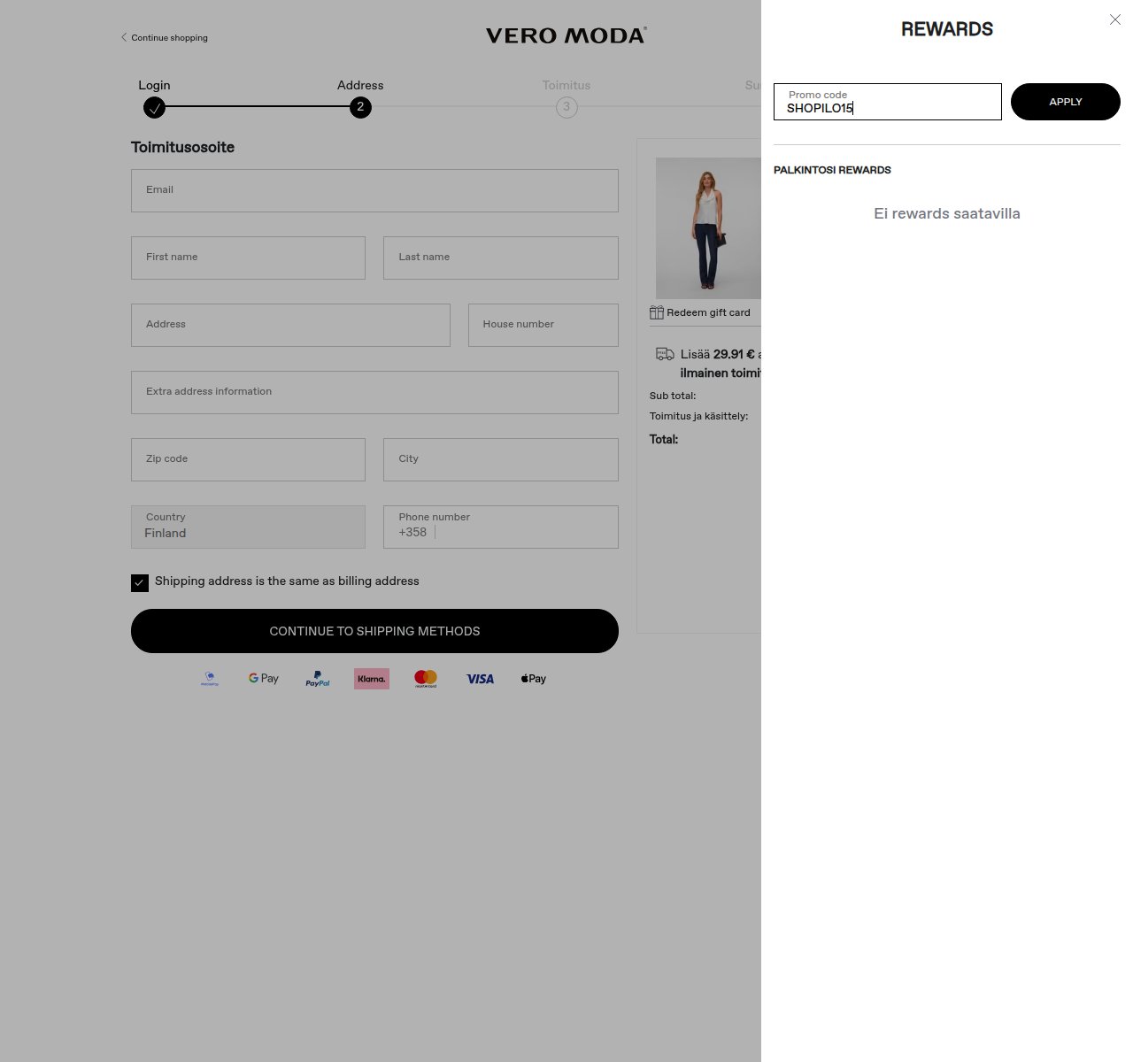 Mihin alennuskoodi syötetään Vero Moda-sivustolla