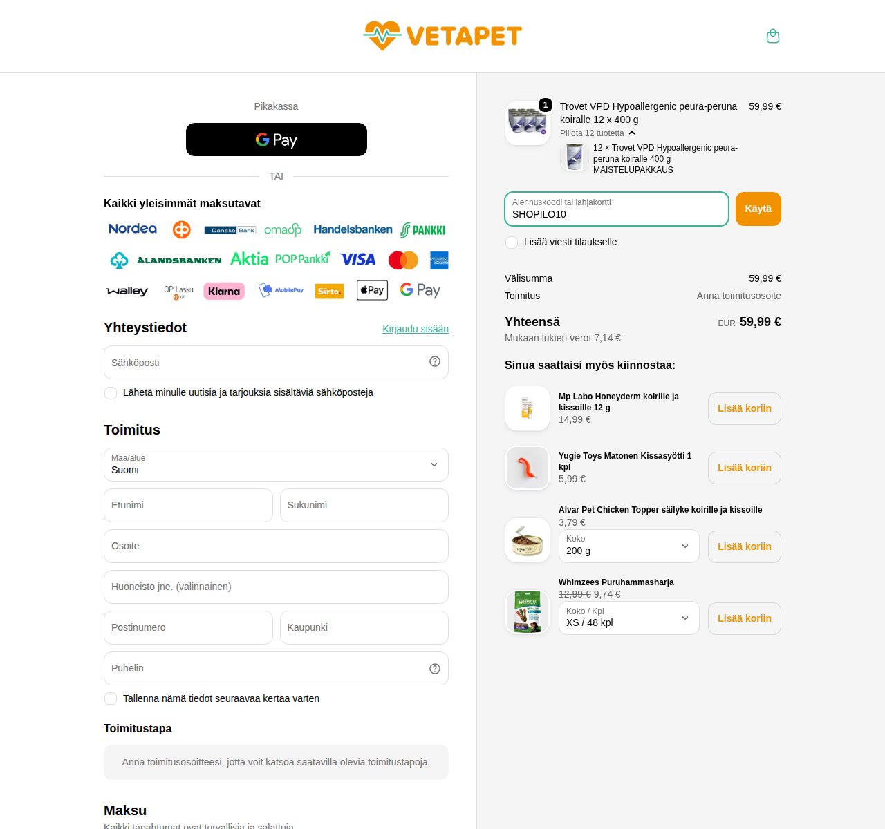 Mihin alennuskoodi syötetään VetaPet-sivustolla
