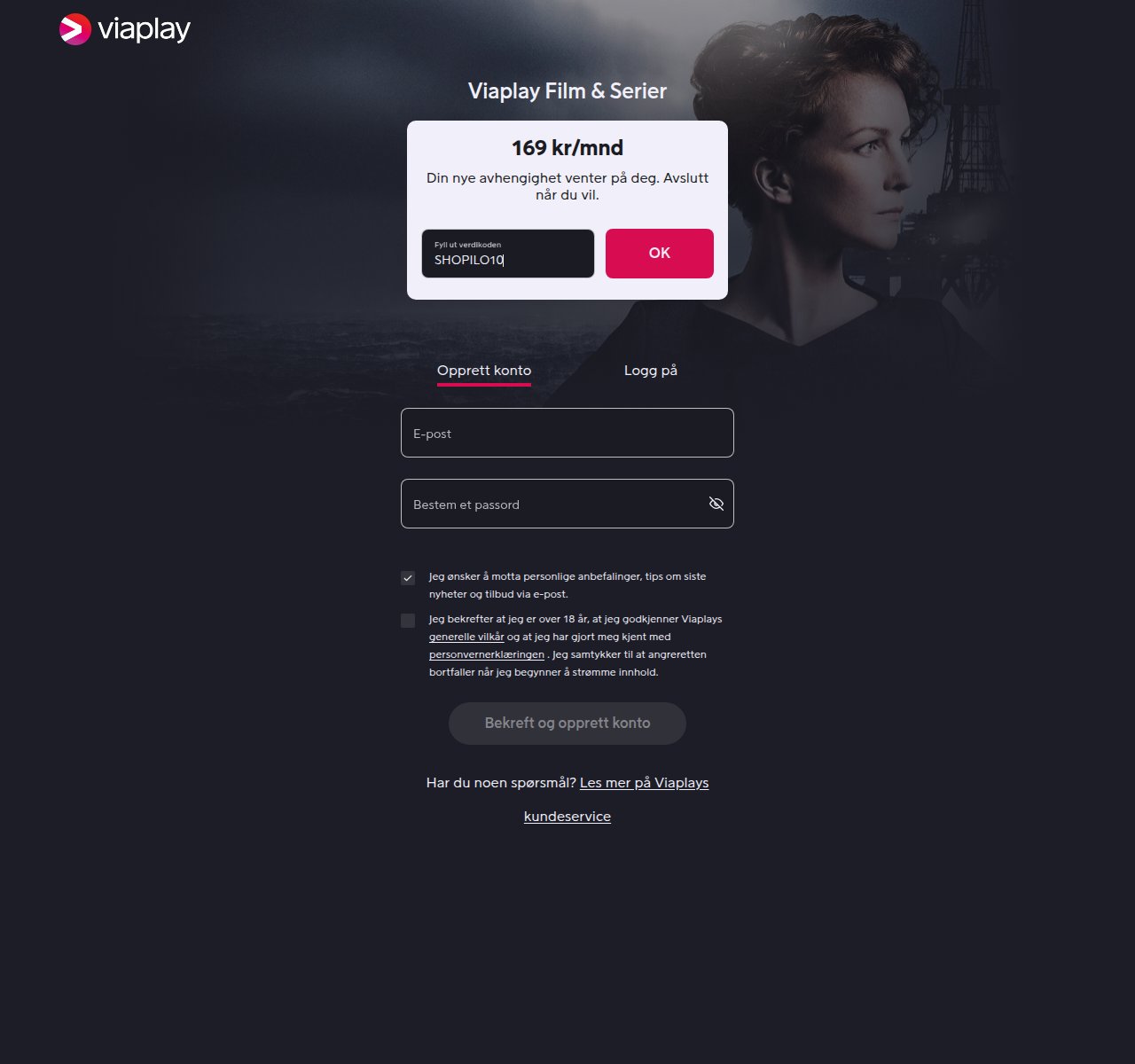 Where to enter the discount code on the Viaplay website