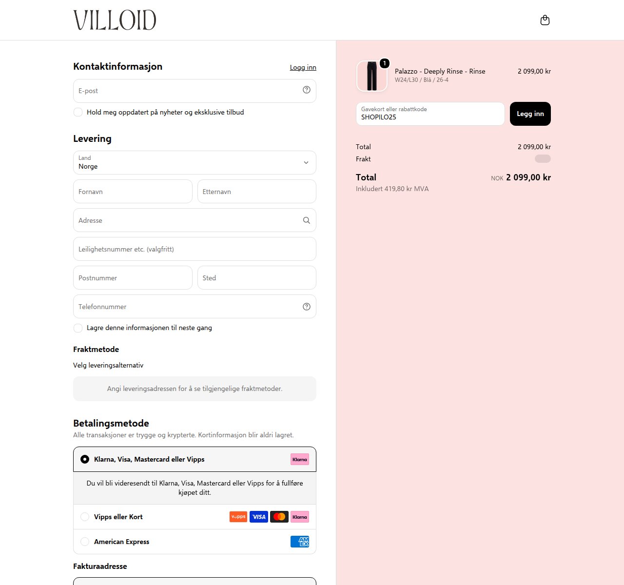 Where to enter the discount code on the Villoid website