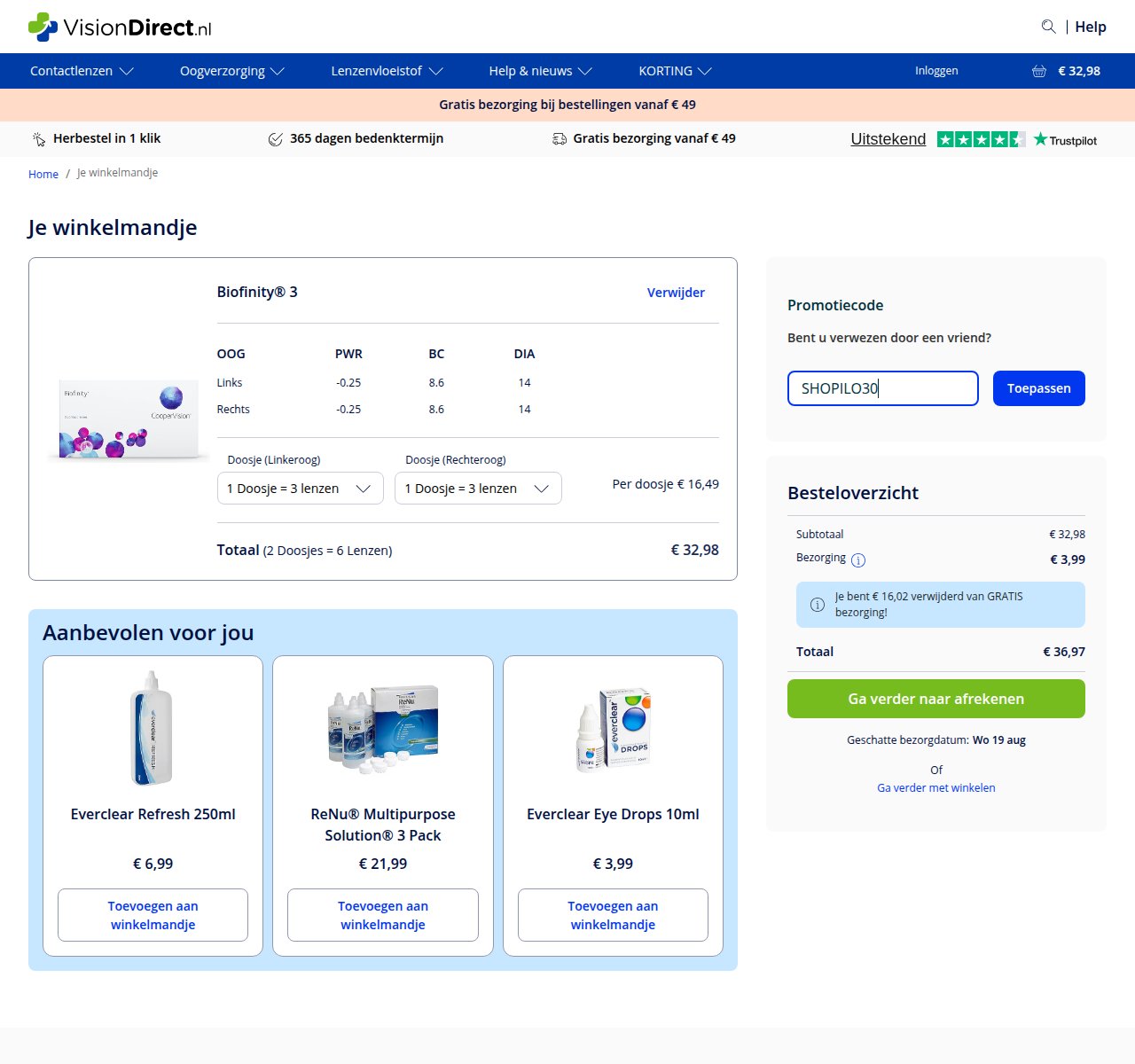 Waar je de kortingscode invoert op de Vision Direct-website