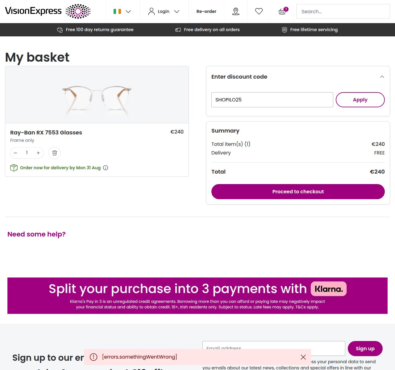 Where to enter the discount code on the Vision Express website