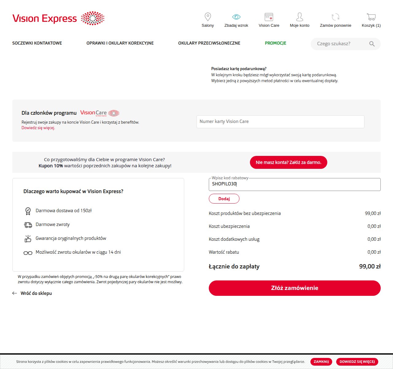 Gdzie wpisać kod rabatowy na stronie Vision Express