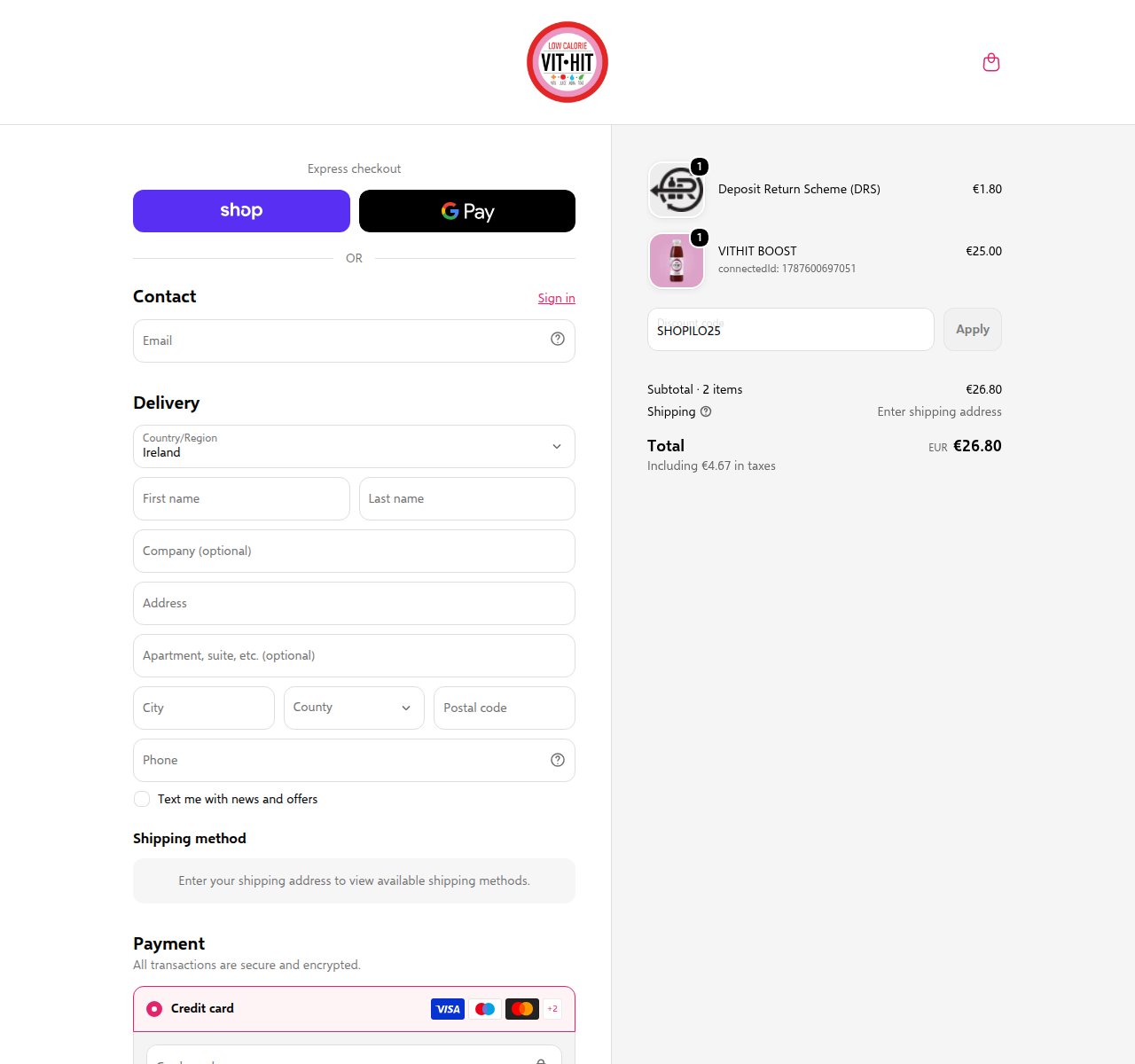Where to enter the discount code on the VITHIT website