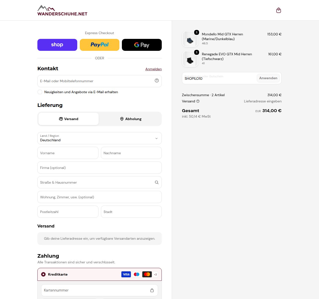 Wo man den Rabattcode auf der Wanderschuhe.net-Website eingibt
