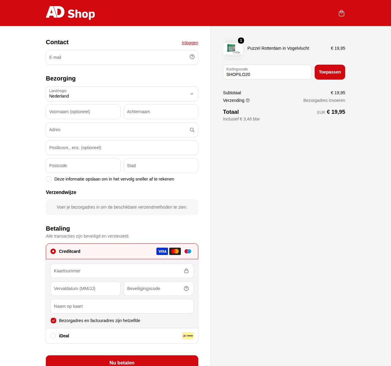Waar je de kortingscode invoert op de AD Shop-website
