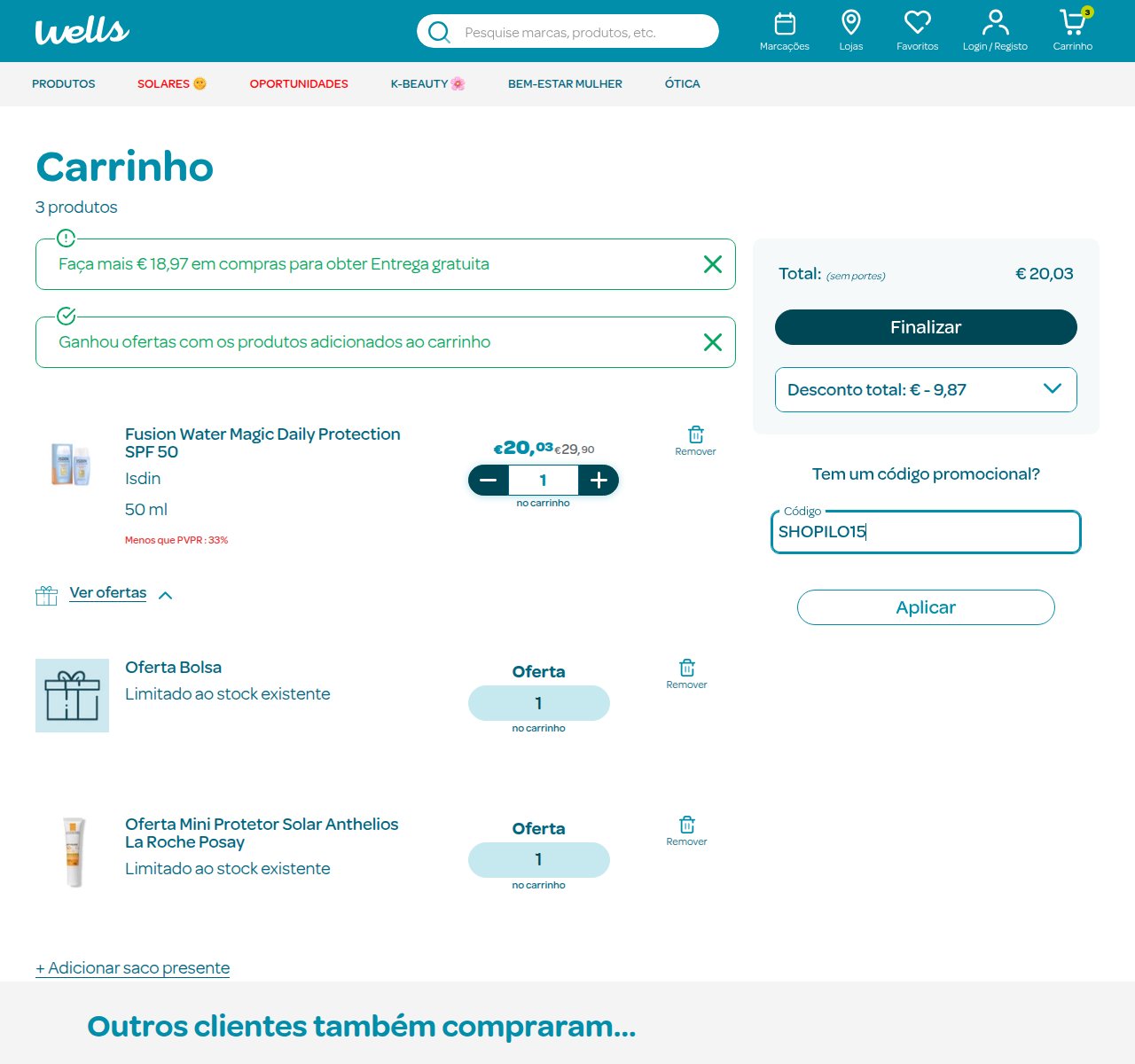 Onde inserir o código de desconto no site da Wells