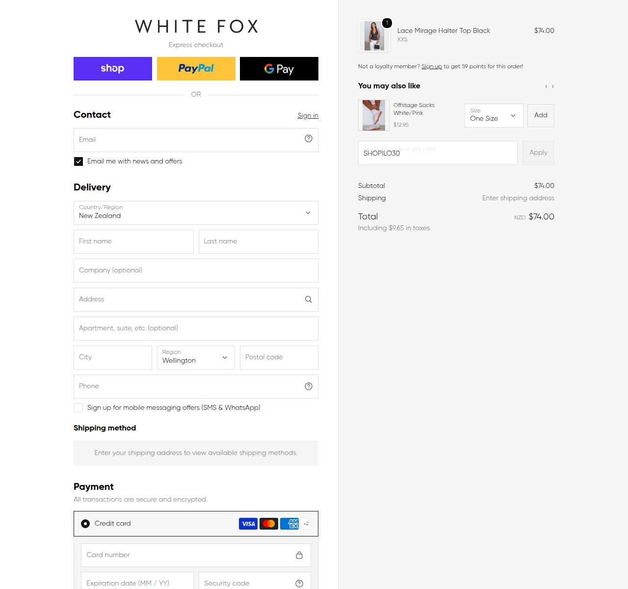 Where to enter the discount code on the White Fox Boutique website