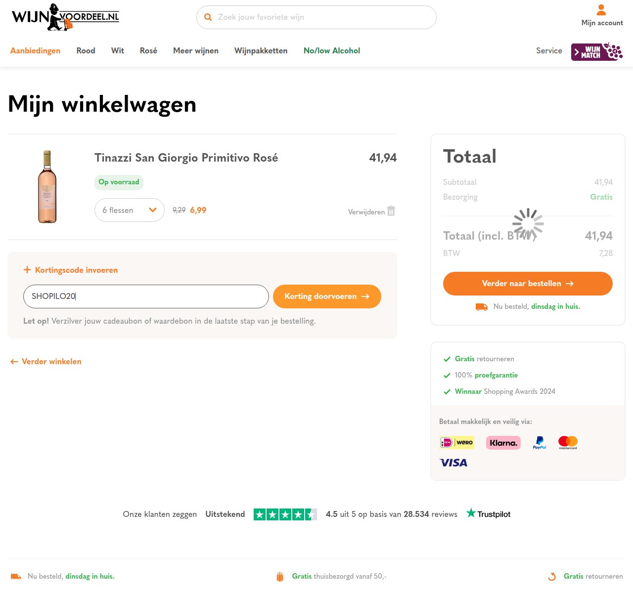Waar je de kortingscode invoert op de Wijnvoordeel-website