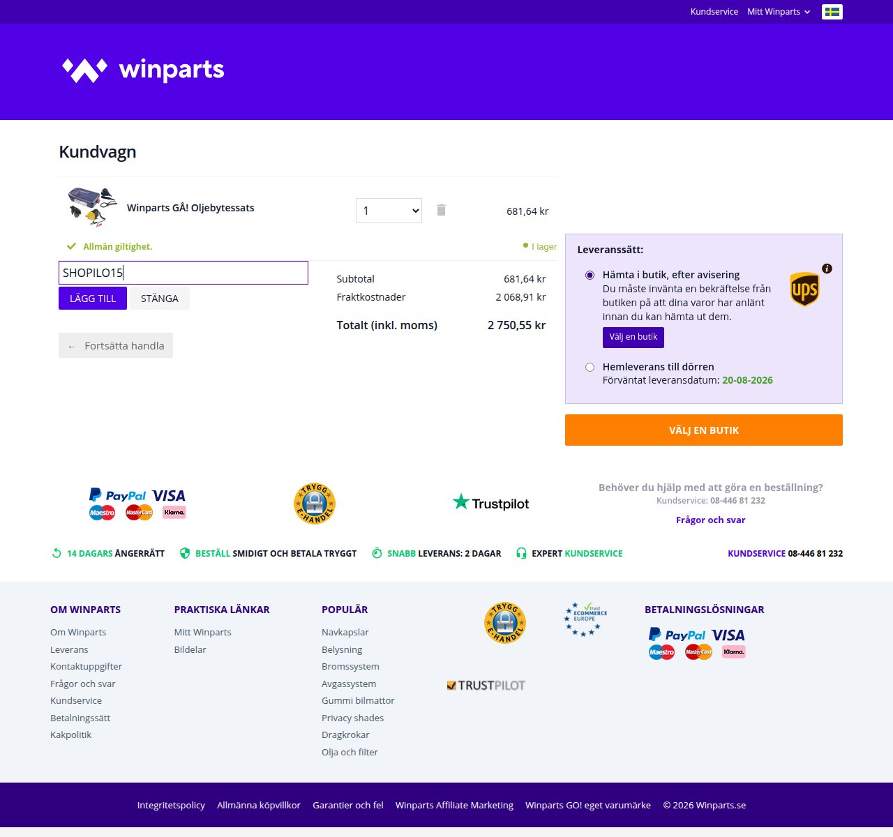 Var du anger rabattkoden på Winpartss webbplats